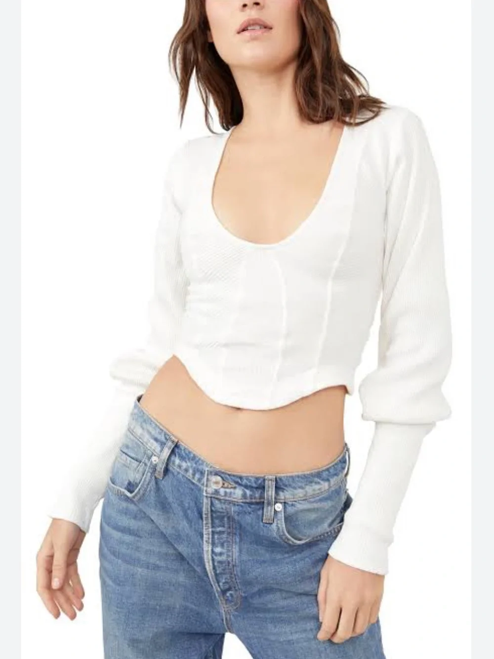 Free People Petra U-Neck asymmetrical long sleeve knit crop top white